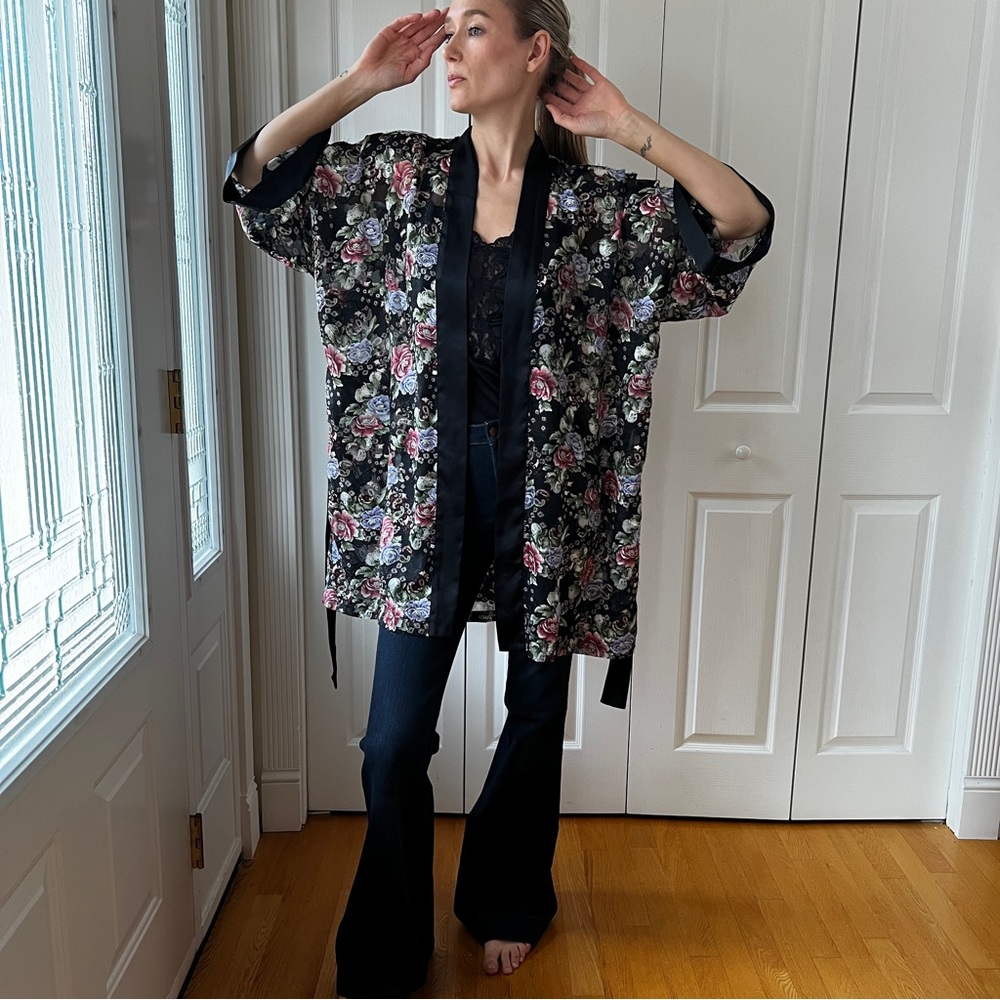 Silk & Satin Floral Robe with Black Satin Trim